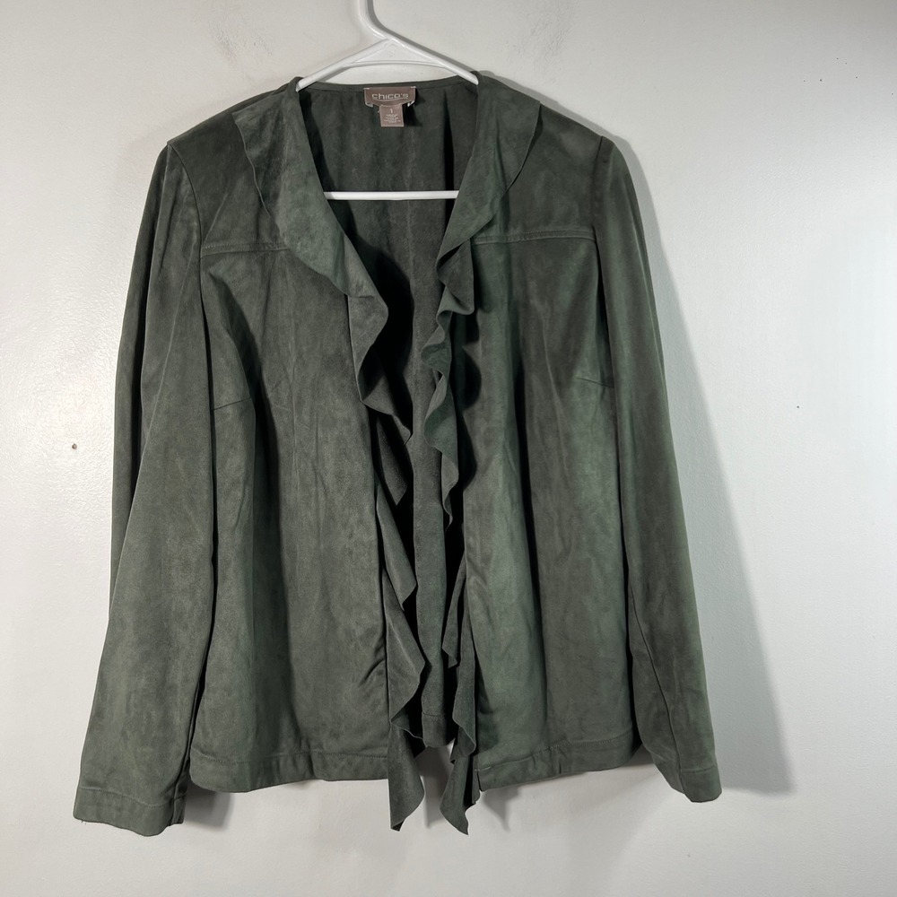 Chicos Faux Suede Velvet Ruffle Front Open Jacket Olive Green M